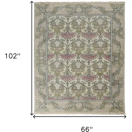 Ivory Gray and Pink Wool Floral Hand Knotted Area Rug Photo 3