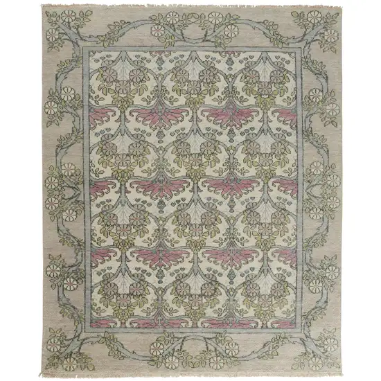 Ivory Gray and Pink Wool Floral Hand Knotted Area Rug Photo 5