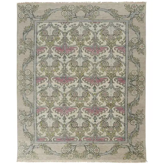 Ivory Gray and Pink Wool Floral Hand Knotted Area Rug Photo 2