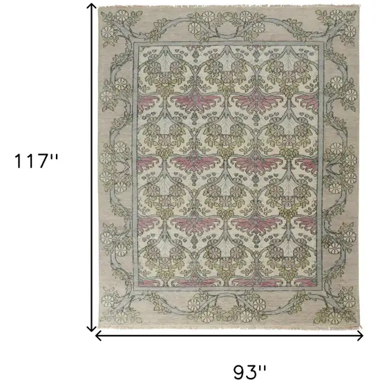 Ivory Gray and Pink Wool Floral Hand Knotted Area Rug Photo 3