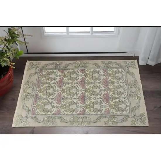 Ivory Gray and Pink Wool Floral Hand Knotted Area Rug Photo 1