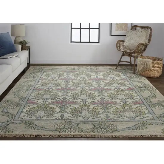 Ivory Gray and Pink Wool Floral Hand Knotted Area Rug Photo 6