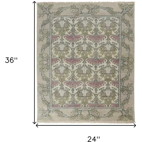 Ivory Gray and Pink Wool Floral Hand Knotted Area Rug Photo 3