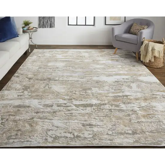 Ivory Gray and Tan Abstract Power Loom Worn Faded Area Rug Photo 9