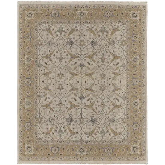 Ivory Gray and Tan Wool Oriental Hand Knotted Area Rug With Fringe Photo 4