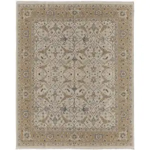 Photo of Ivory Gray and Tan Wool Oriental Hand Knotted Area Rug With Fringe