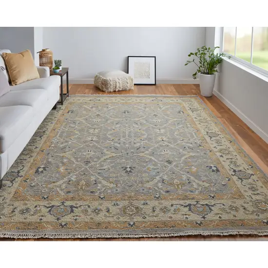 Ivory Gray and Tan Wool Oriental Hand Knotted Area Rug With Fringe Photo 9