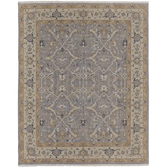 Ivory Gray and Tan Wool Oriental Hand Knotted Area Rug With Fringe Photo 6