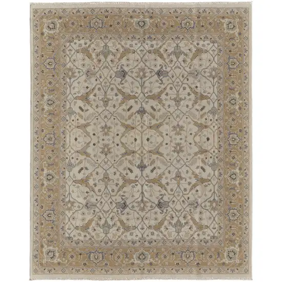 Ivory Gray and Tan Wool Oriental Hand Knotted Area Rug With Fringe Photo 5