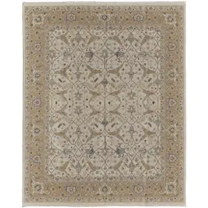 Photo of Ivory Gray and Tan Wool Oriental Hand Knotted Area Rug With Fringe