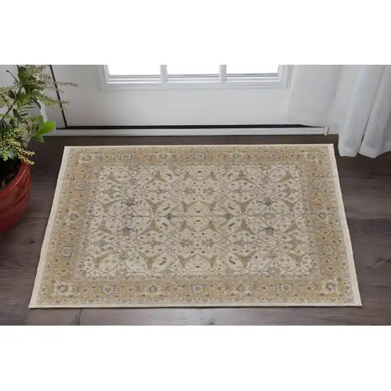 Ivory Gray and Tan Wool Oriental Hand Knotted Area Rug With Fringe Photo 1