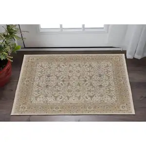 Photo of Ivory Gray and Tan Wool Oriental Hand Knotted Area Rug With Fringe