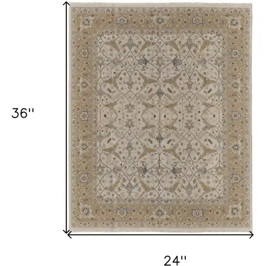 Ivory Gray and Tan Wool Oriental Hand Knotted Area Rug With Fringe Photo 3