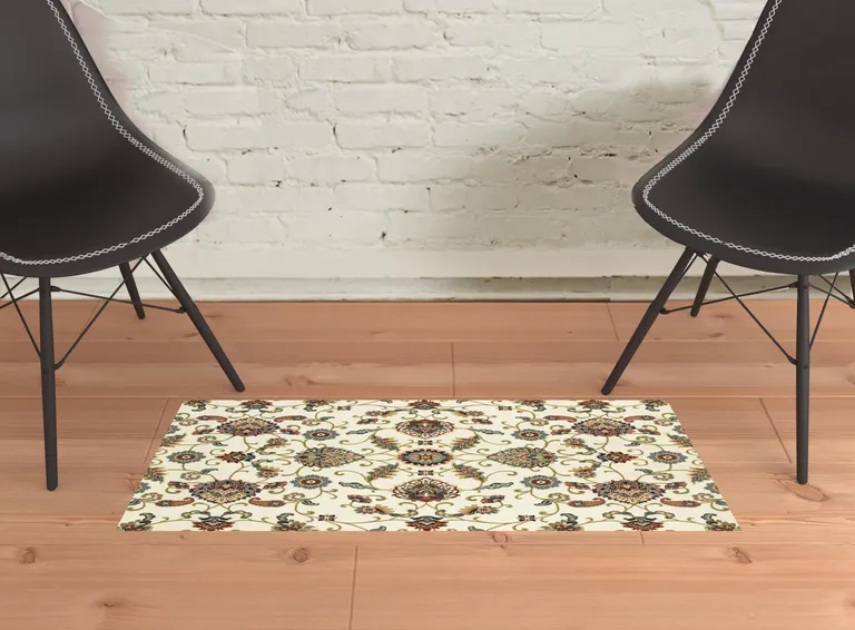 Ivory Green Blue Red Salmon And Yellow Floral Power Loom Stain Resistant Area Rug Photo 2