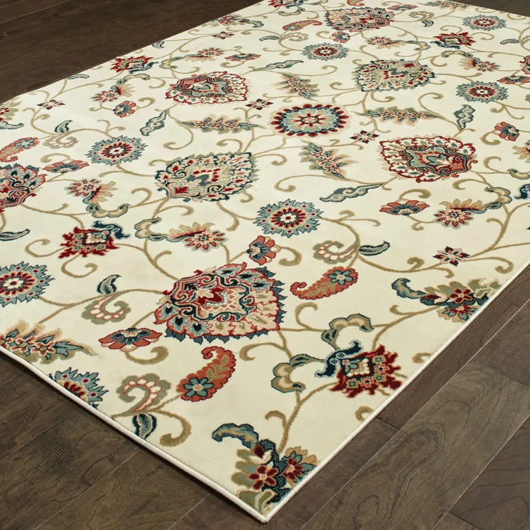 Ivory Green Blue Red Salmon And Yellow Floral Power Loom Stain Resistant Area Rug Photo 3