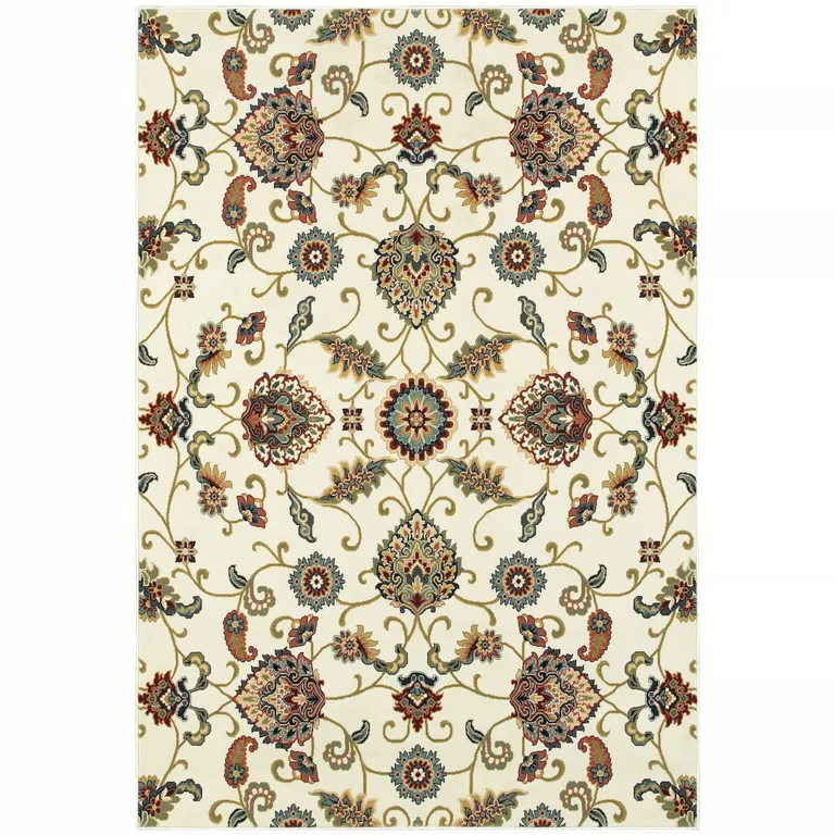 Ivory Green Blue Red Salmon And Yellow Floral Power Loom Stain Resistant Area Rug Photo 1