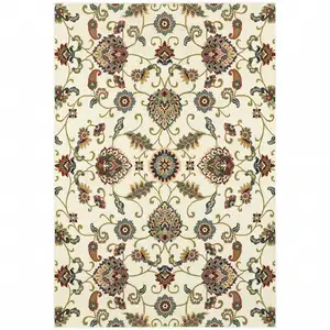 Photo of Ivory Green Blue Red Salmon And Yellow Floral Power Loom Stain Resistant Area Rug