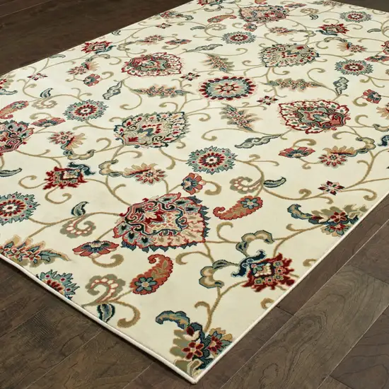 Ivory Green Blue Red Salmon And Yellow Floral Power Loom Stain Resistant Area Rug Photo 3