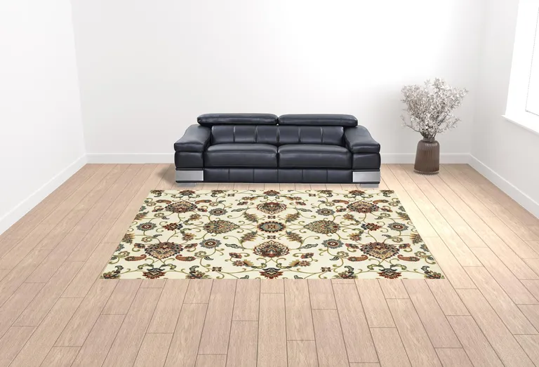 Ivory Green Blue Red Salmon And Yellow Floral Power Loom Stain Resistant Area Rug Photo 2