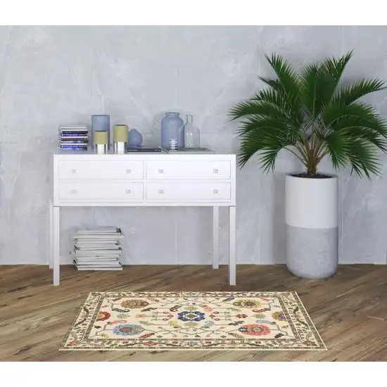 Ivory Green Blues Pink Yellow Rust Brown Tan And Grey Oriental Power Loom Stain Resistant Area Rug With Fringe Photo 3