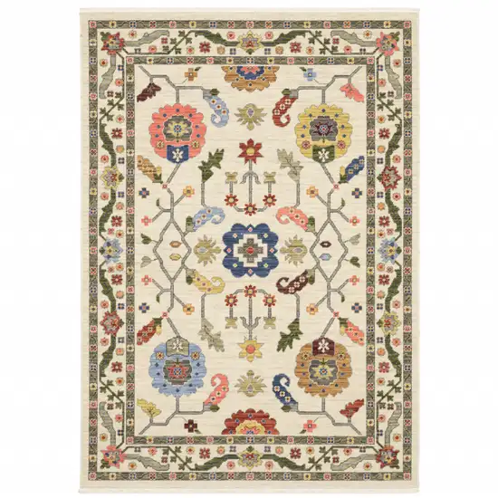 Ivory Green Blues Pink Yellow Rust Brown Tan And Grey Oriental Power Loom Stain Resistant Area Rug With Fringe Photo 1