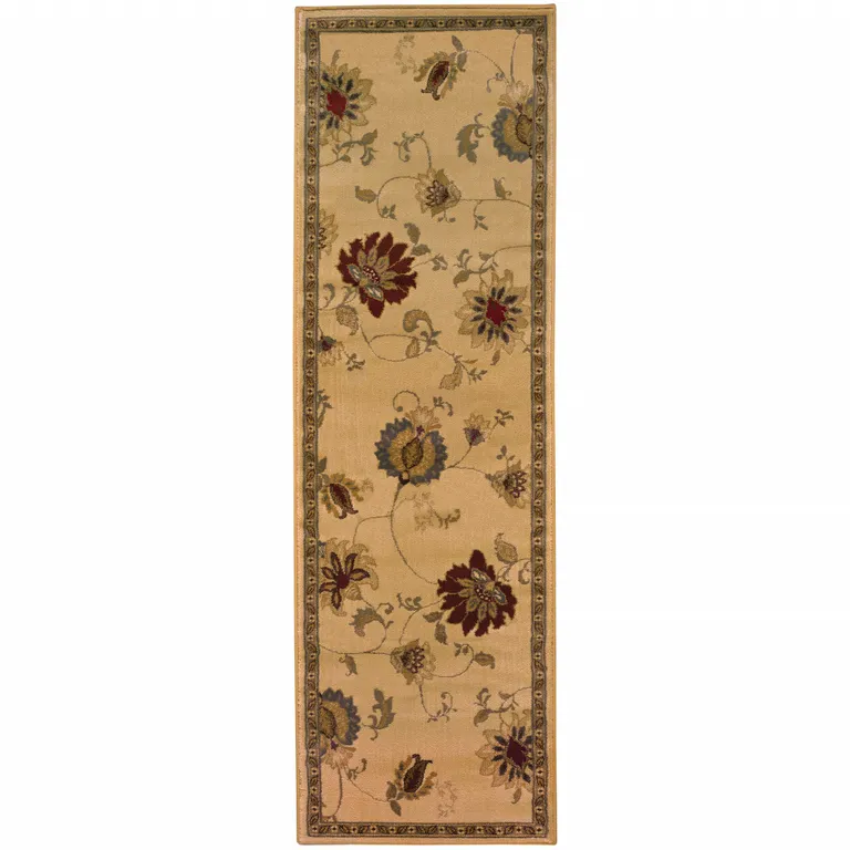 Ivory Green Brown Blue And Rust Floral Power Loom Stain Resistant Runner Rug Photo 1