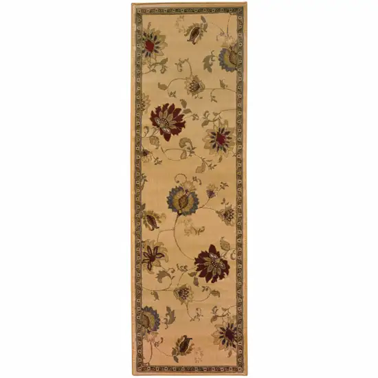 Ivory Green Brown Blue And Rust Floral Power Loom Stain Resistant Runner Rug Photo 1