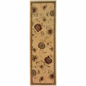 Photo of Ivory Green Brown Blue And Rust Floral Power Loom Stain Resistant Runner Rug