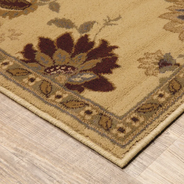 Ivory Green Brown Blue And Rust Floral Power Loom Stain Resistant Runner Rug Photo 3