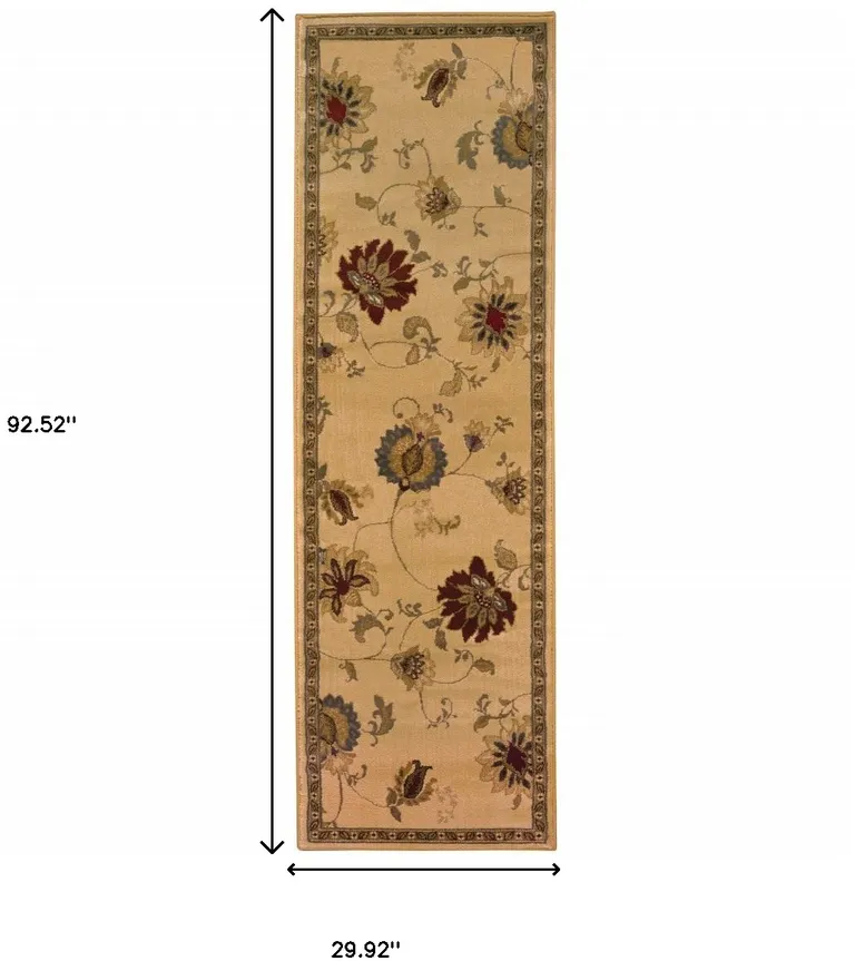 Ivory Green Brown Blue And Rust Floral Power Loom Stain Resistant Runner Rug Photo 4