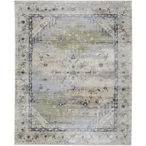 Photo of Ivory Green and Blue Abstract Power Loom Worn Faded Area Rug