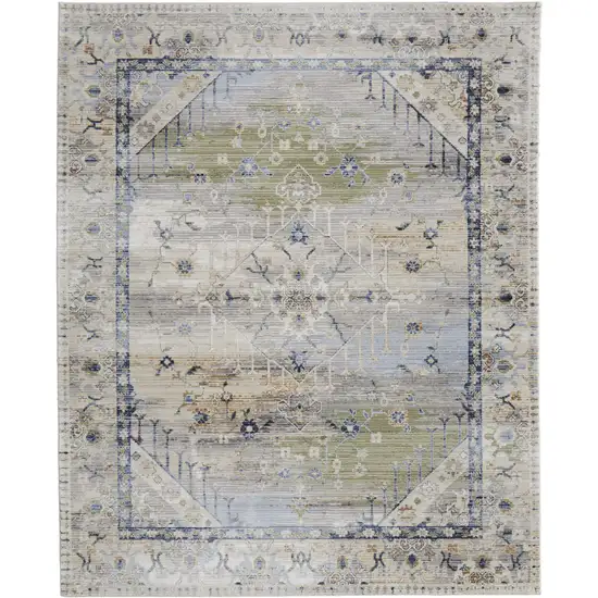 Ivory Green and Blue Abstract Power Loom Worn Faded Area Rug Photo 5