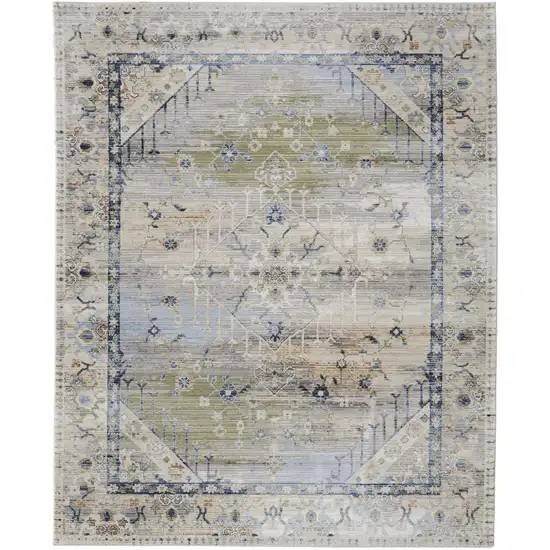 Ivory Green and Blue Abstract Power Loom Worn Faded Area Rug Photo 4