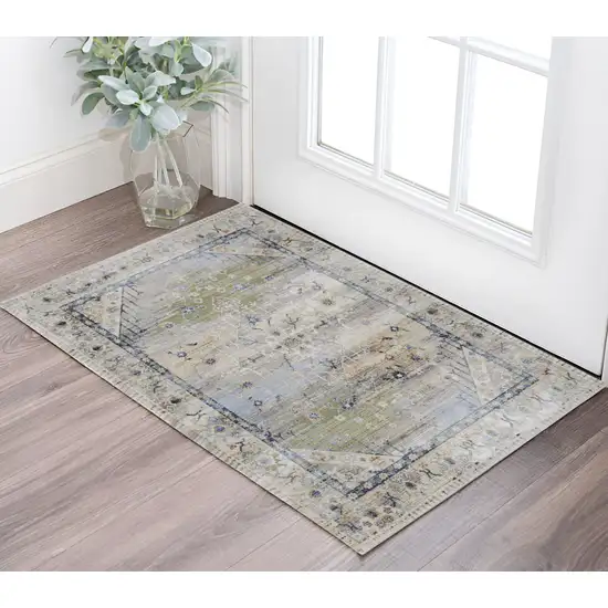 Ivory Green and Blue Abstract Power Loom Worn Faded Area Rug Photo 1