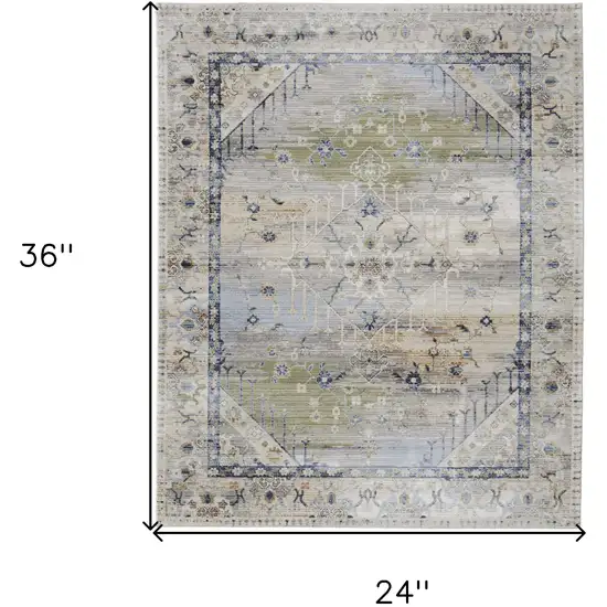 Ivory Green and Blue Abstract Power Loom Worn Faded Area Rug Photo 3