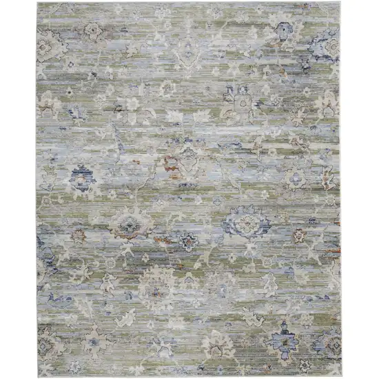 Ivory Green and Blue Floral Power Loom Worn Faded Area Rug Photo 6