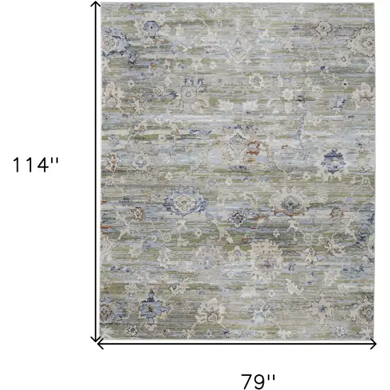 Ivory Green and Blue Floral Power Loom Worn Faded Area Rug Photo 3