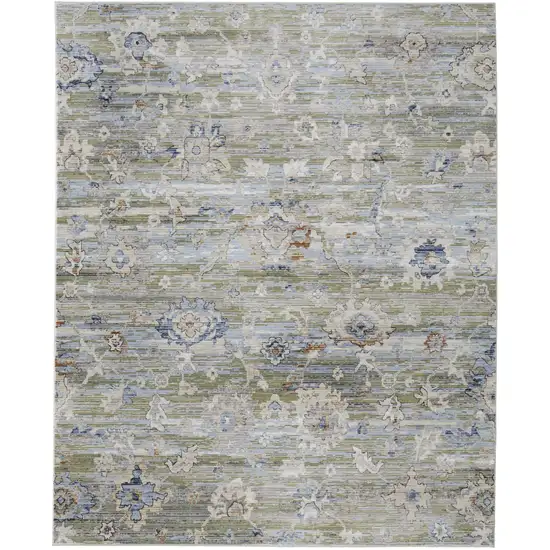 Ivory Green and Blue Floral Power Loom Worn Faded Area Rug Photo 4