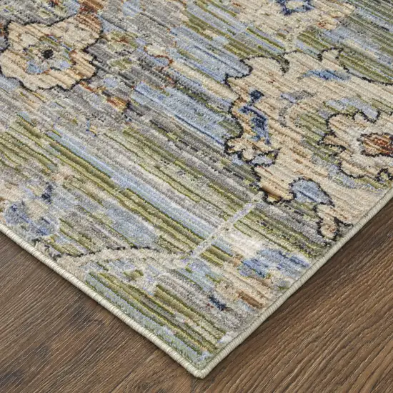 Ivory Green and Blue Floral Power Loom Worn Faded Area Rug Photo 8