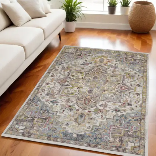 Ivory Green and Gray Floral Medallion Area Rug Photo 1