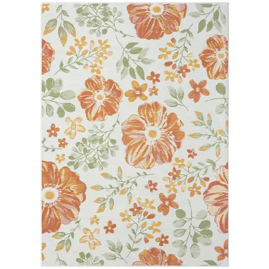 Ivory Green and Orange Floral Stain Resistant Indoor Outdoor Area Rug Photo 2