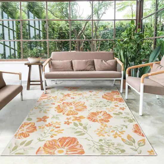 Ivory Green and Orange Floral Stain Resistant Indoor Outdoor Area Rug Photo 9