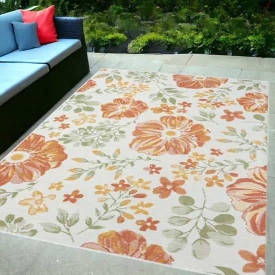 Ivory Green and Orange Floral Stain Resistant Indoor Outdoor Area Rug Photo 1