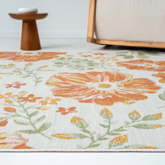 Ivory Green and Orange Floral Stain Resistant Indoor Outdoor Area Rug Photo 8