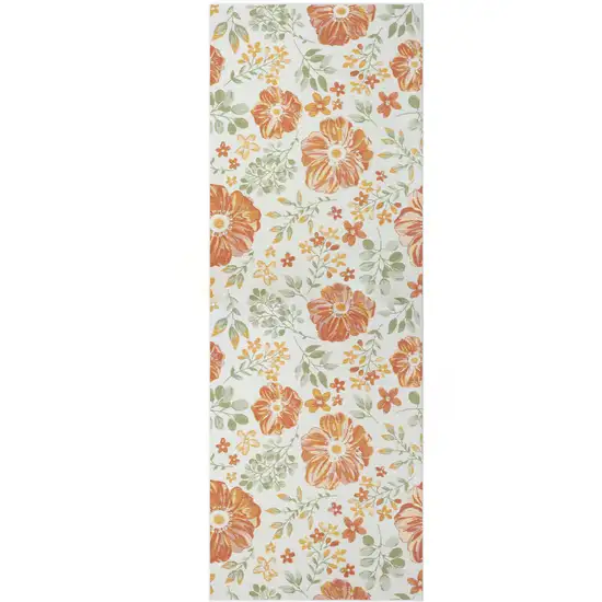 Ivory Green and Orange Floral Stain Resistant Indoor Outdoor Runner Rug Photo 2