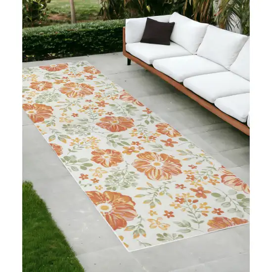 Ivory Green and Orange Floral Stain Resistant Indoor Outdoor Runner Rug Photo 1