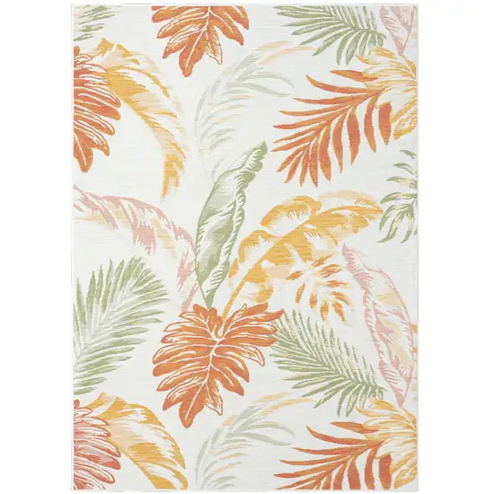 Ivory Green and Orange Palm Leaf Stain Resistant Indoor Outdoor Area Rug Photo 2