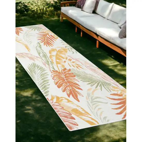 Ivory Green and Orange Palm Leaf Stain Resistant Indoor Outdoor Runner Rug Photo 1