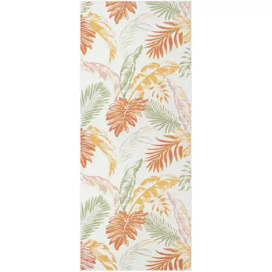 Ivory Green and Orange Palm Leaf Stain Resistant Indoor Outdoor Runner Rug Photo 2