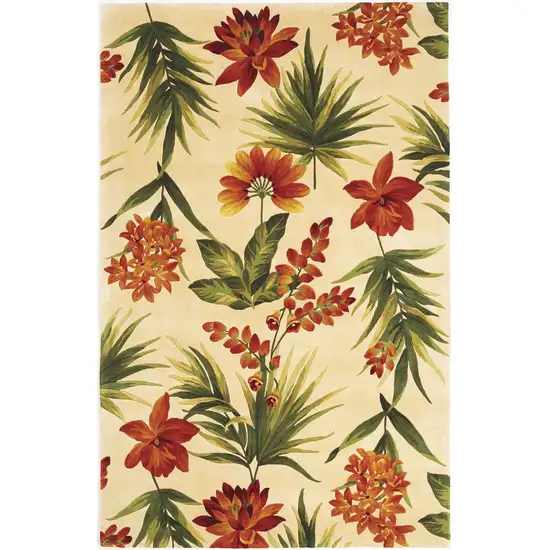 Ivory Green and Orange Wool Tropical Floral Handmade Area Rug Photo 1